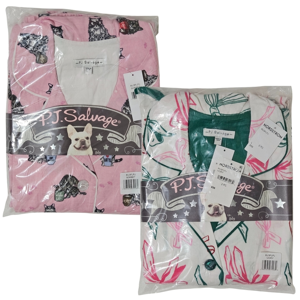 2 PJ Salvage Flannel Pajama Sets Bows/Cats Coffee Women Large Top/Pants NWT 🎀🐱